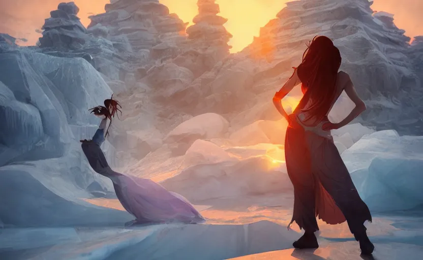 Image similar to Himalayan in an ice temple, beautiful flowing fabric, sunset, dramatic angle, dynamic pose, 8k hdr pixiv dslr photo by Makoto Shinkai ilya kuvshinov and Wojtek Fus