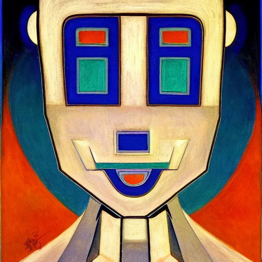 Prompt: the robot wearing her human mask, by christopher kit williams and nicholas roerich, symbolist, dramatic lighting, elaborate geometric ornament, art brut, god rays, soft cool colors, smooth, sharp focus, extremely detailed