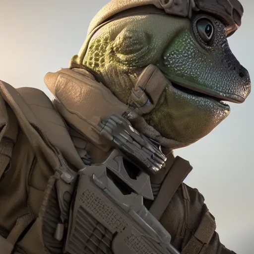 Image similar to a frog soldier with a white bandana on its head, octane render, cinematic lightning, 8 k, artstation, hyperrealistic, extremely detailed, vivid, apocalyptic