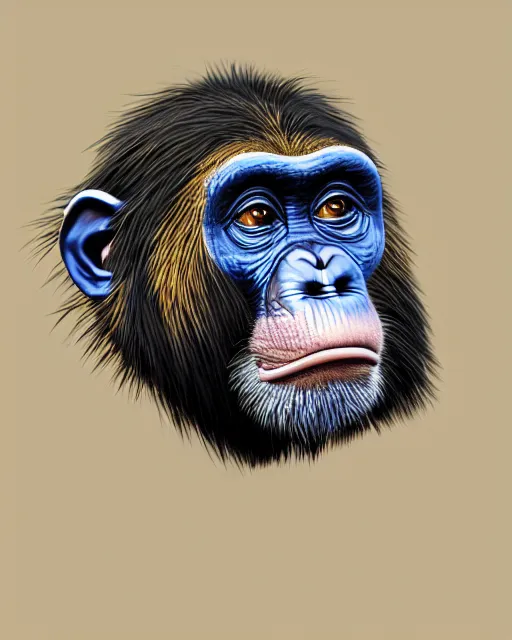 Prompt: gold, blue, very detailed illustration of a chimpanzee, 3 d, 8 k, extremely detailed, artstation