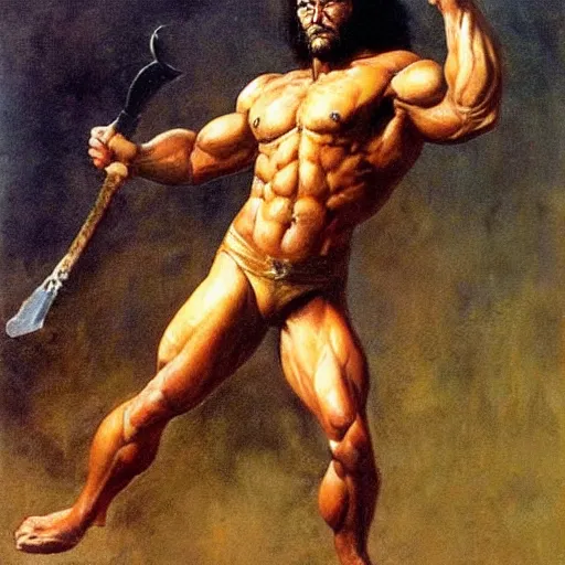 Image similar to muscular lion as barbarian hunter full body ,human legs ,very textured detailed oil painting by Frank Frazetta