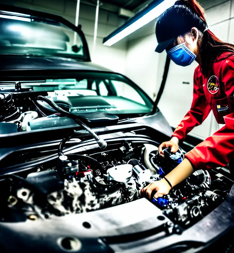 Prompt: a photo close up a female mechanic tuning the engine of a jdm supercar, wearing mask, japanese tuning garage, gunma prefecture, midnight, photorealistic, cinematic color, studio lighting, highly detailed, bokeh, style by tomino - sama