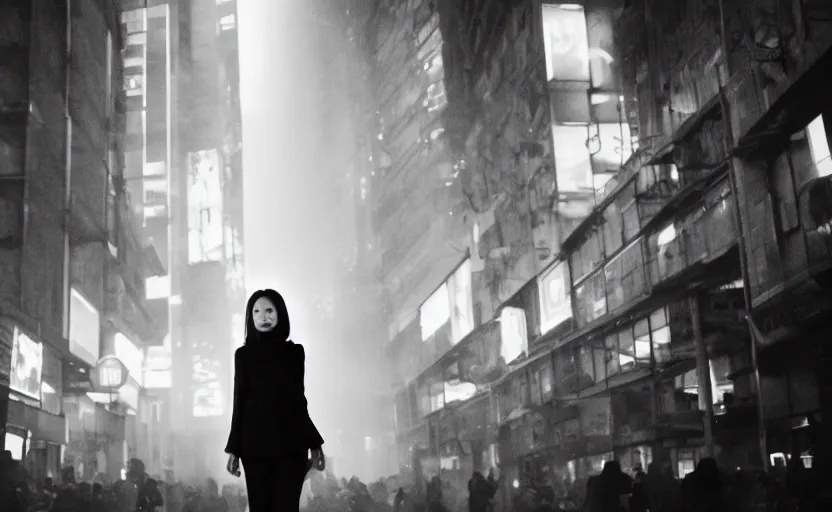 Prompt: a wide shot of a woman with a wool suit, very short hair, blurred face, wearing an omega speedmaster on her wrist in front of a crowded dystopian city full of people walking at night with fog and cyberpunk lights