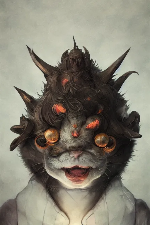 Image similar to a portrait of a cute japanese devil animal illustrated by miyazaki by karol bak, james jean, tom bagshaw, rococo, sharp focus, trending on artstation, cinematic lighting, hyper realism, octane render, 8 k, hyper detailed, vivid, ultra detailed, highly detailed