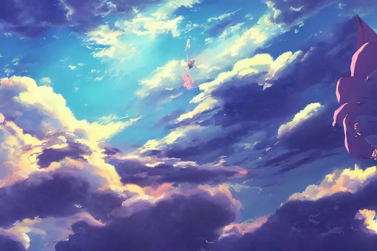 Image similar to painting of a dreamy cloudscape!, a flying dragon!!! in the foreground, exterior wide shot, otherworldly and ethereal by kazuo oga in the anime film by studio ghibli, screenshot from the anime film by makoto shinkai