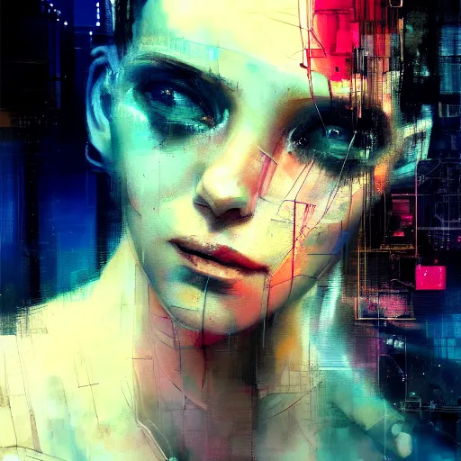 Prompt: beautiful young woman vr dreaming of a glitchcore world of wires, and machines, in a cyberpunk noir city, by jeremy mann, francis bacon and agnes cecile, and dave mckean ink drips, paint smears, digital glitches glitchart