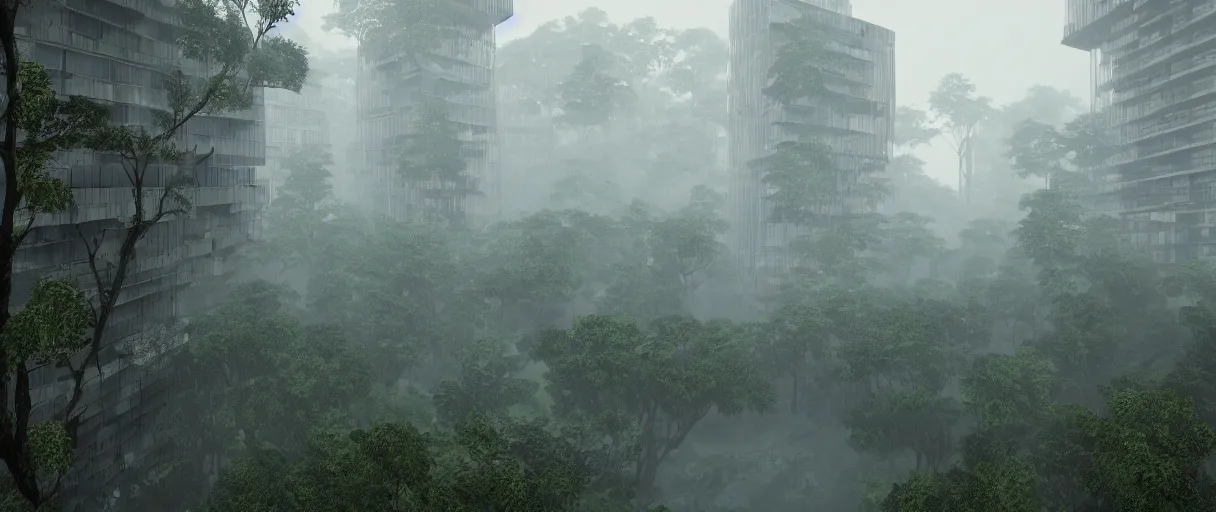 Image similar to brutalist architecture inspired by louis kahn deep in the rainforest. nature is taking over. matte painting by ivan laliashvili. unreal engine 5 render. mist. cinematic.