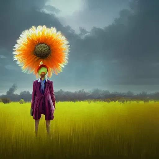 Prompt: giant daisy flower head, standing frontal, a girl in a suit, surreal photography, sunrise, dramatic light, impressionist painting, digital painting, artstation, simon stalenhag