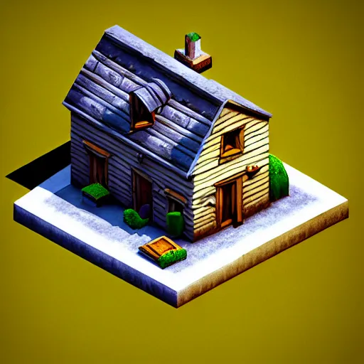 Image similar to isometric 3 d old broken home, low poly, soft render, handpaint texture, blender, 3 dcoat