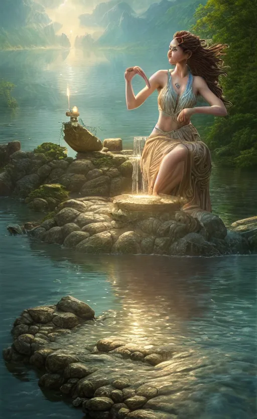 Image similar to the goddess of the lake, highly detailed, d & d, water everwhere fantasy, highly detailed, digital painting, trending on artstation, concept art, sharp focus, global illumination, ray tracing, illustration, art by artgerm and greg rutkowski and fuji choko and viktoria gavrilenko and hoang lap