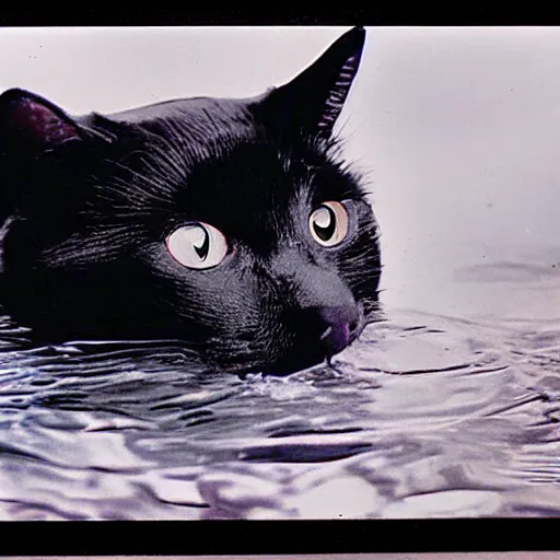 Image similar to vhs footage of a black cat swimming around underwater