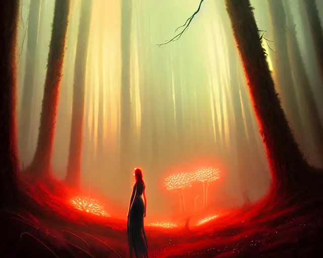 Prompt: portrait of a beautiful fairy woman standing in strange alien forest, glowing fungus, misty, red glowing horizon, fireflies, ultra high definition, ultra detailed, symmetry, sci - fi, dark fantasy, by greg rutkowski and ross tran