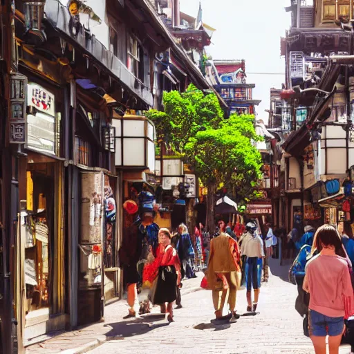 Prompt: photograph of sunny street with people walking, street has many shops and bulls, fantasy, by studio ghibli, dramatic light