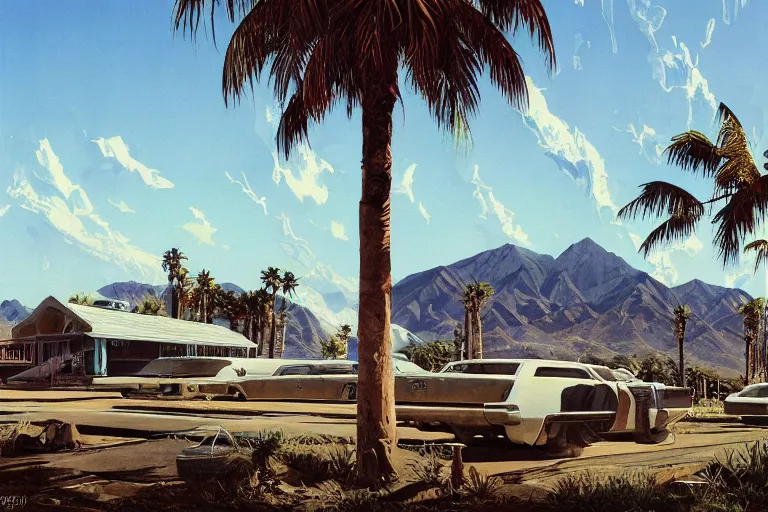 Image similar to natural american landscape | abandoned motel | palm trees | snowy mountains, painting by syd mead and weta studio and moebius and james jean and frank frazetta, highly detailed, rule of third, soft lighting, 8 k resolution, oil on canvas, architectural magazine, beautiful detailed, insanely intricate details, artstation trending, hypermaximalistic, high details, cinematic