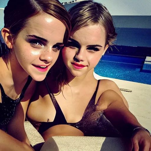 Image similar to emma watson and taylor swift and selena gomez swim together. perfect faces.