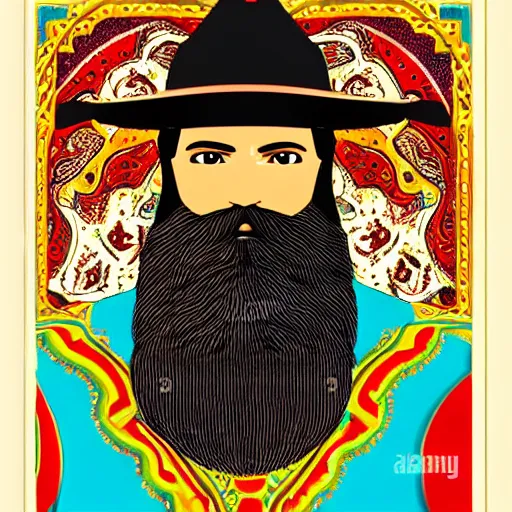 Image similar to bearded cowboy, portrait, highly colorful illuminated borders, persian folkore artstyle