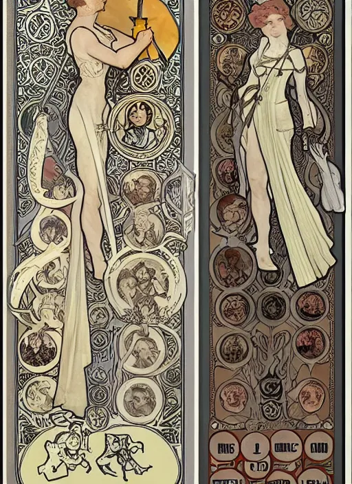 Prompt: D&D character sheet by Alphonse Mucha. Full body illustration of character on right, text on left and top and bottom. Warrior character, wearing armor and holding a sword.
