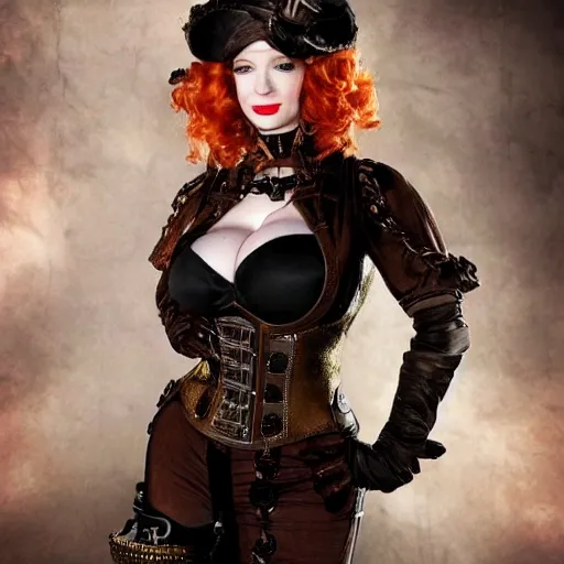 Prompt: full shot photo of christina hendricks as a steampunk warrior