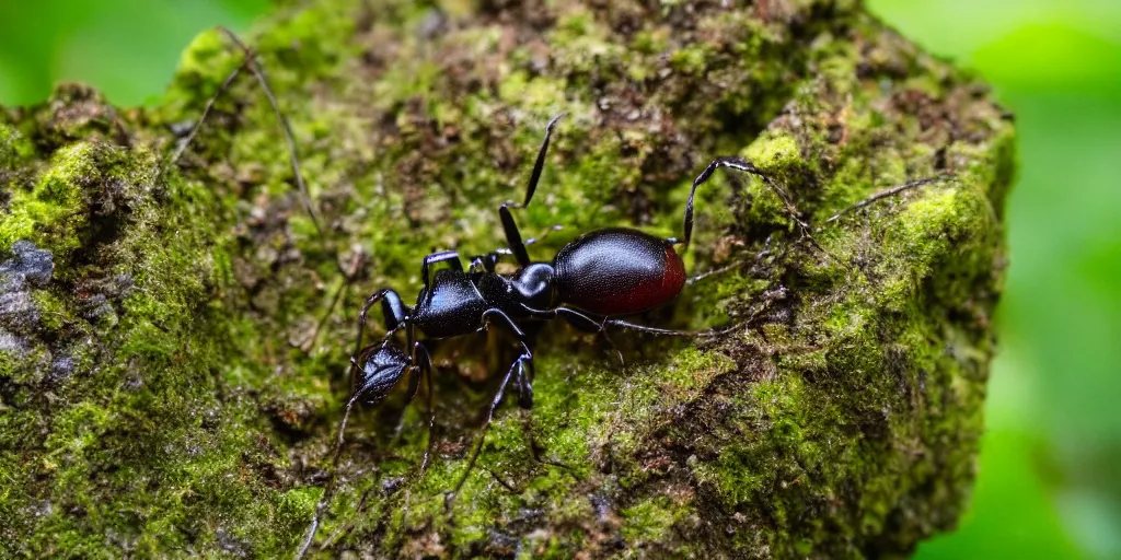 Prompt: a low angle full shot of an ant in rain forest