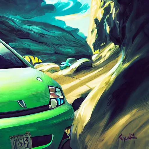 Image similar to blue knight in a green hatchback car, close up, anime, desert landscape, greg manchess, akehiko inoue and ross tran, Pyromallis Nekro Rene Margitte