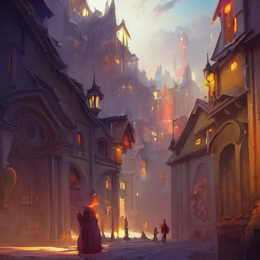 Prompt: streetview of a medieval city by peter mohrbacher, vivid colors, matte painting, 8K, concept art, mystical color scheme, trending on artstation