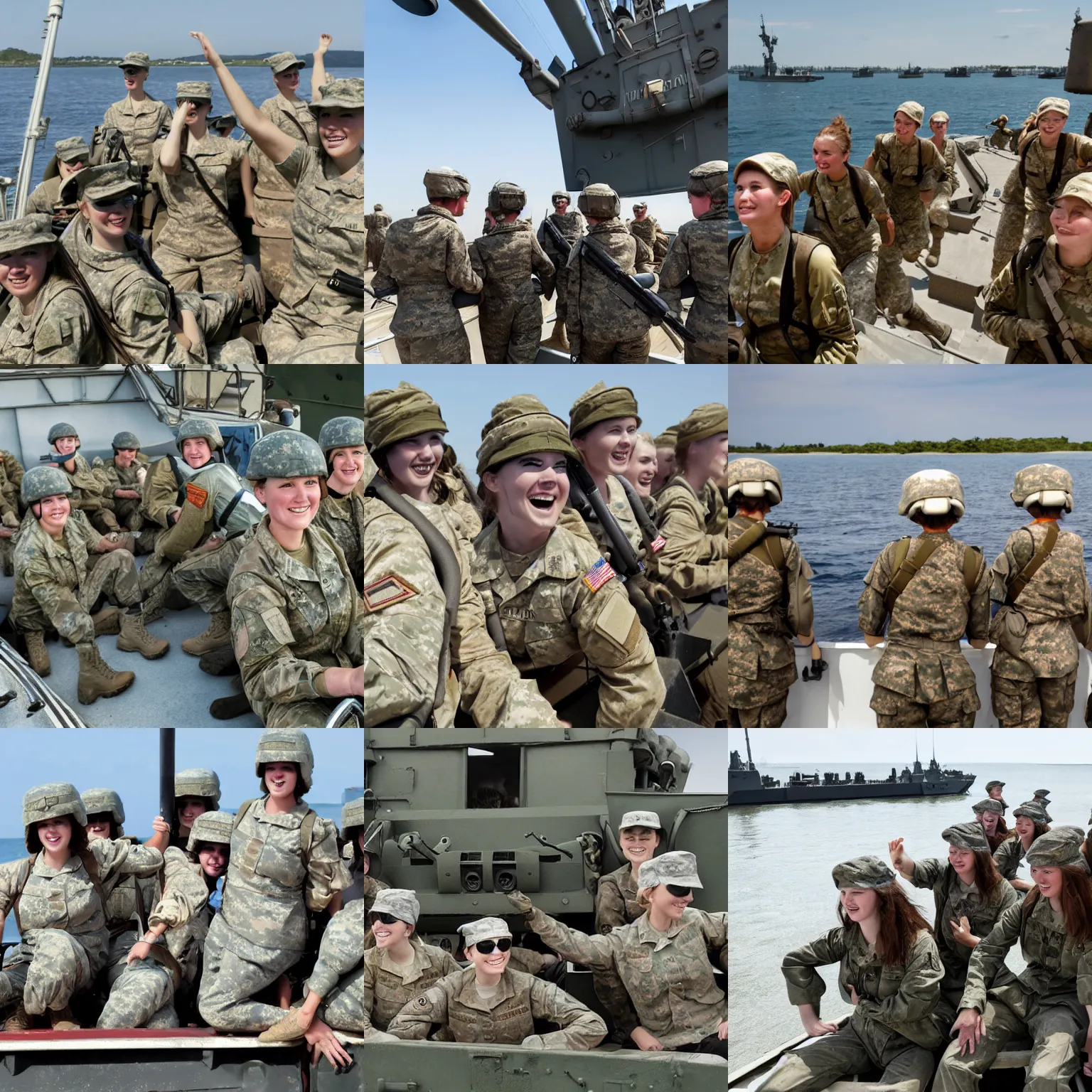 Prompt: a group of young military women riding on the back of a landing craft, a colorized photo by jeff a. menges, pixiv contest winner, american realism, colorized, associated press photo, creative commons attribution