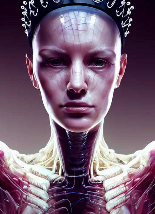 Prompt: 3 / 4 portrait, queen, crown, translucent skin, muscle, bones, veins, nerves, hyperrealism, detailed, photorealistic, cyberpunk apocalyptic city, futuristic, ultra realistic, cinematic, intricate, cinematic light, unreal engine 8 k, octane render, unreal engine by charlie bowater, david kostic, stanley lau, artgerm