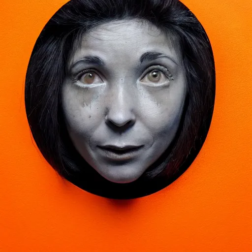 Prompt: portrait of a woman with a hole for it's face, orange background, studio lighting