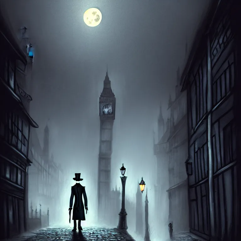 Prompt: jack the ripper lurking in a dark alleyway, holding a knife, one point perspective, full moon, foggy night, black alley cat, cobblestone road, stone arch, big ben, digital painting, hyperrealistic, macabre, spooky, trending on artstation