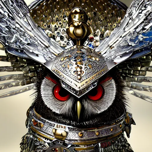 Image similar to warrior wearing jewel encrusted metal owl armour, highly detailed, 4k, HDR, smooth, sharp focus, hyper realistic, high resolution