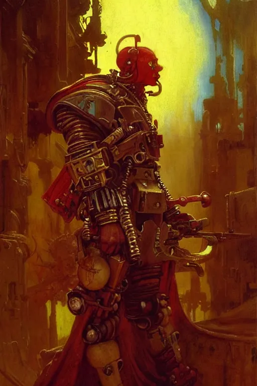 Image similar to full character portrait max mad cyberpunk warhammer 4 0 k, barbarian tech priest berserker not the girl with the pearl earring character design, painting by gaston bussiere, katsuya terada, nc wyeth, greg rutkowski, craig mullins, vermeer, frank frazetta, mucha, tom of finland, trending on artstation, jeffery catherine jones