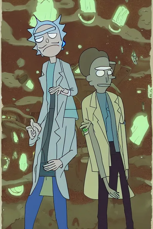 Image similar to a kodak photograph of rick and morty, creepy aesthetic,