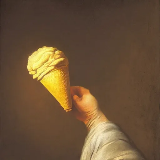 Prompt: Detailed oil painting of a beautiful, dramatic, mysterious, levitating ice cream cone in the hands of a madman. Dark background, golden spotlight. By Rembrandt, 1645.