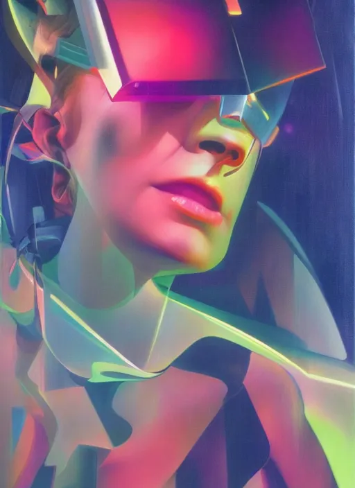 Image similar to futuristic lasers, data visualization, cyberpunk visor rain, wet, oiled, sweat, girl pinup, by steven meisel, james jean and rolf armstrong, geometric cubist acrylic and hyperrealism photorealistic airbrush painting with retro and neon colors