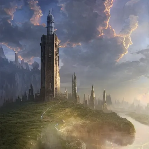 Image similar to an ultra detailed tarot card of a lonely and impossibly tall ominous dark tower elevated high above the city, on an isolated plateau island in a river elevated high above the city fortress tower, fantasy capital city, ultrawide lense, aerial photography, volumetric lighting, exquisite detail, 8 k, art by artgerm and greg rutkowski and alphonse mucha