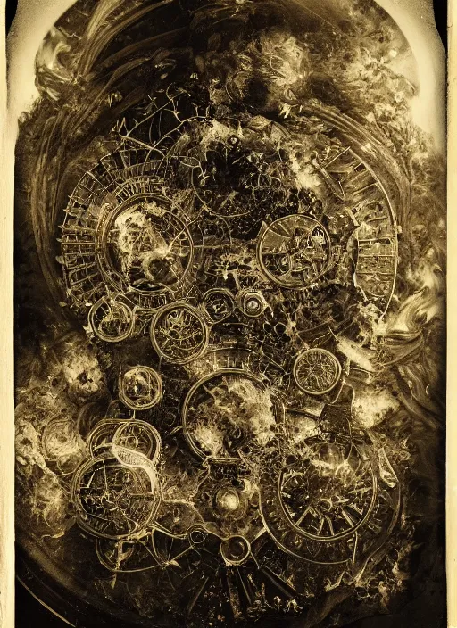 Prompt: old wetplate daguerreotype portrait of creation of time, explosion of data fragments, fractal, intricate, elegant, highly detailed, parallax, leica, medium format, subsurface scattering, by jheronimus bosch and greg rutkowski and louis jacques mande daguerre