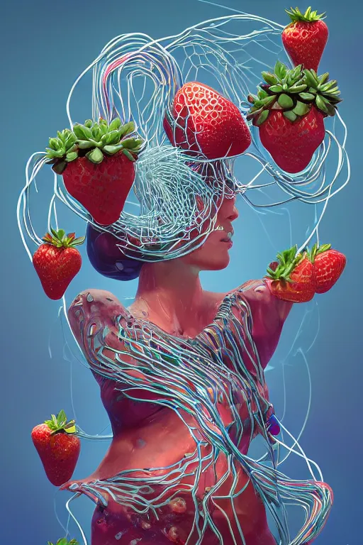 Prompt: epic 3 d abstract computer hacker, spinning hands and feet, 2 0 mm, with plum and teal peanut butter melting smoothly into asymmetrical succulents and strawberries, liquid cooled, splitscreen, wires, delicate, beautiful, intricate, houdini sidefx, trending on artstation, by jeremy mann, ilya kuvshinov, jamie hewlett and ayami kojima