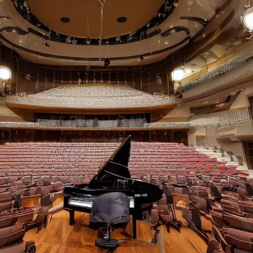 Image similar to a photo of a giant octopus playing grand piano in a concert hall