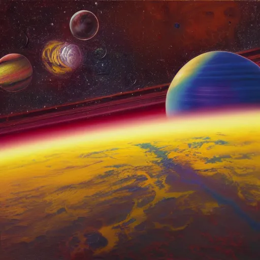 Prompt: view from space, colorful rubber - band - ball planet, oil on canvas, portrait, intricate, 8 k highly professionally detailed, hdr, cgsociety