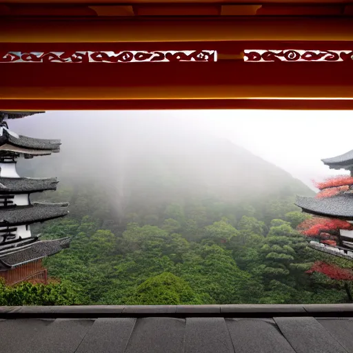 Image similar to detailed photo of a Japanese temple in the morning with mist around the ground, cinematic, golden ratio, beautiful, high detail