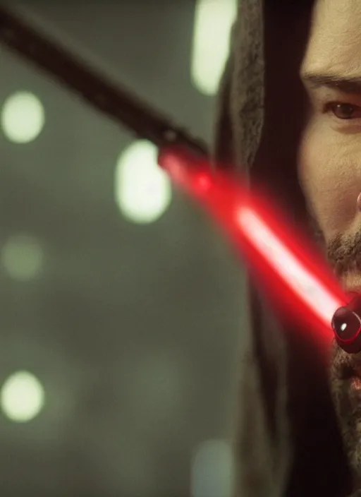 Image similar to close - up of a jedi holding a lightsaber, keanu reeves, greg rutkowski, 8 k, shallow depth of field, intricate detail, concept art,