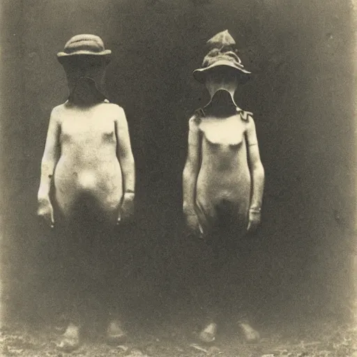 Prompt: portrait of children wearing masks, photograph, style of atget, 1 9 1 0, creepy, dark