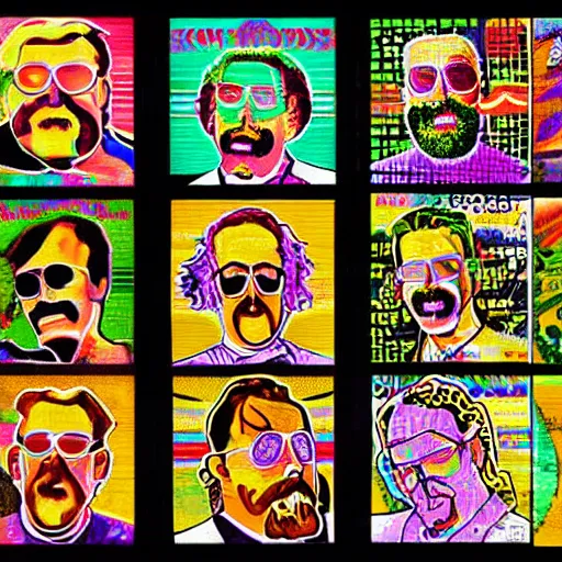 Prompt: Geoff Dude Lebowski LSD blotter art