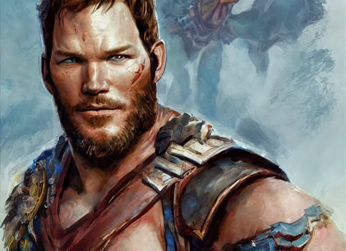 Image similar to a highly detailed beautiful portrait of chris pratt as kratos, by gregory manchess, james gurney, james jean