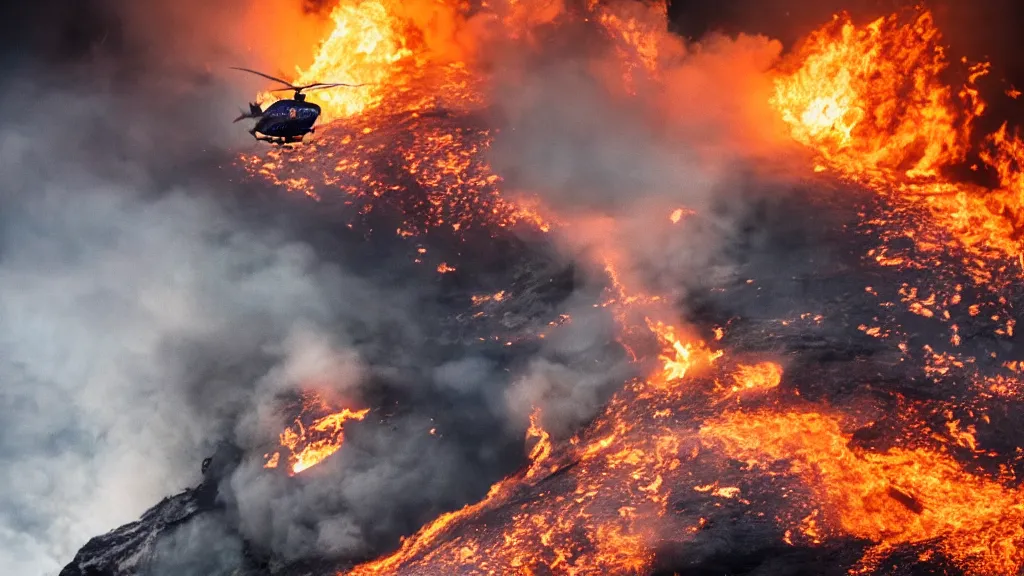 Image similar to person wearing a sponsored team jersey with logos jumping out of a helicopter with a surfboard into a volcano, action shot, dystopian, thick black smoke and fire, sharp focus