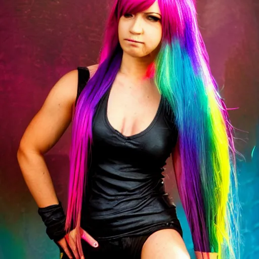 Prompt: full body photograph of tifa lockhart with rainbow hair