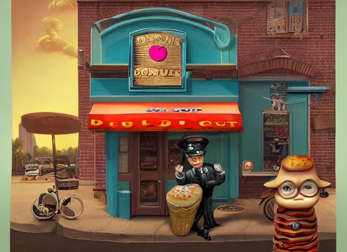 Image similar to the donut cop, lowbrow, matte painting, 3 - d highly detailed, in the style of mark ryden,