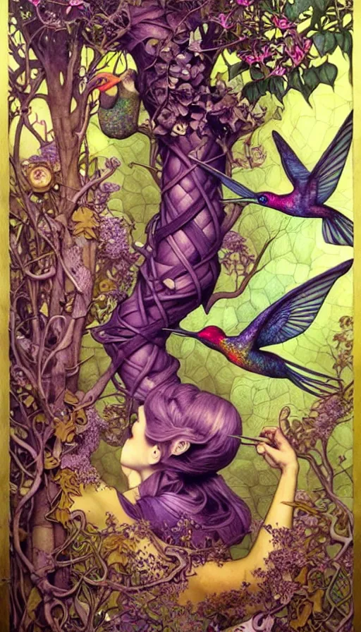 Image similar to M. C. Escher time machine, lush forest painted by tom bagshaw, mobius, mucha M. C. Escher, gold paint, ink, purple hummingbirds, gnarly details