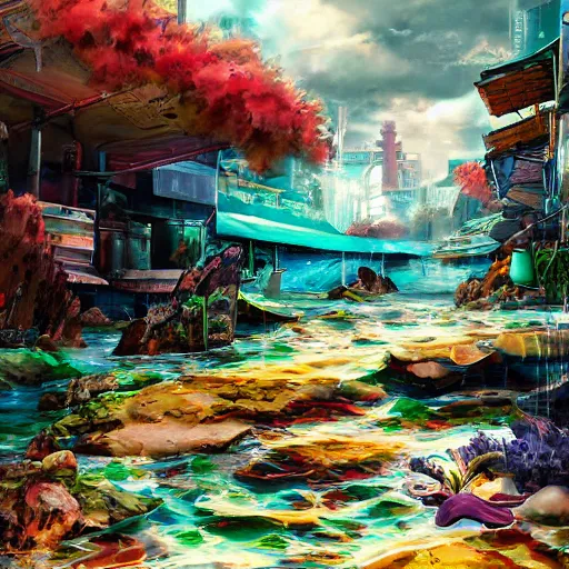 Image similar to painted anime background of a flooded underwater slums shopping district located by a waterfall and built from various sea shells and corals and being reclaimed by nature, seaweed, light diffraction, litter, steampunk, cyberpunk, cool colors, caustics, anime, vhs distortion, shot underwater looking up, inspired by splatoon by nintendo, art created by miyazaki