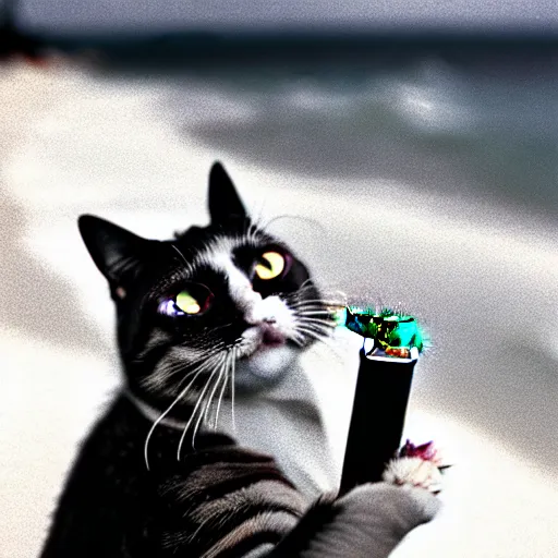 Image similar to a cat lighting a cigar on a beach in 1980, 30mm film